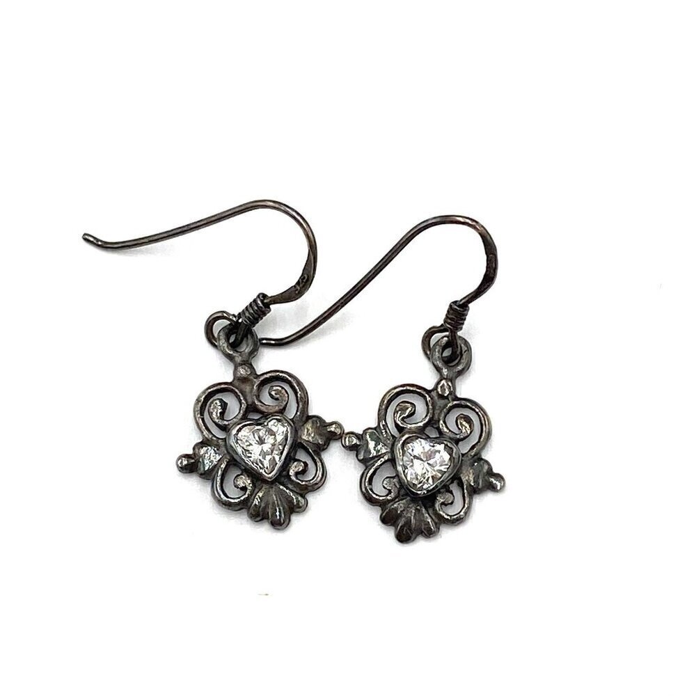 925925 Sterling Silver Earrings Blackened Silver Crystal Heart Stone Dangles